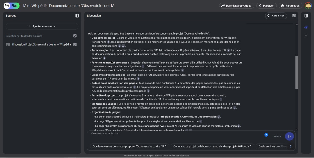 NotebookLM 인터페이스 — Observatoire AI의 소스 기반 리서치 화면