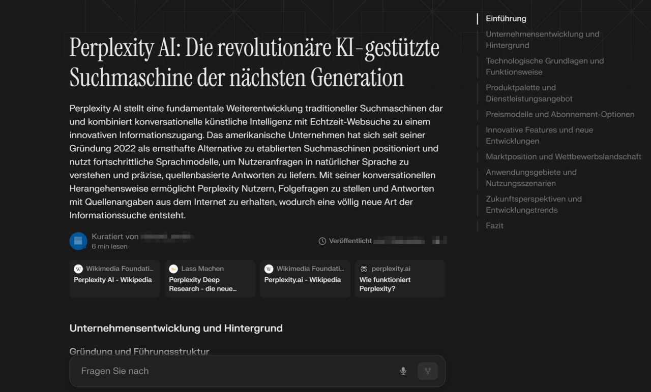 Perplexity Page 스크린샷 — 답변에 출처 인용과 에이전트 호출이 통합된 UI